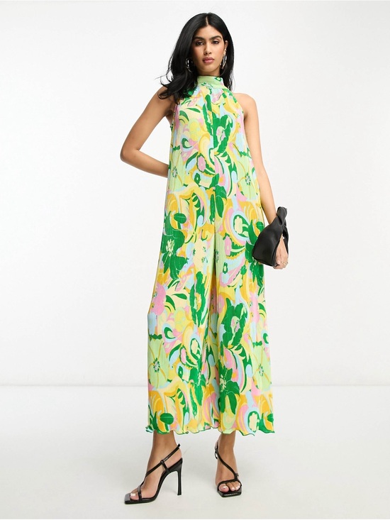ASOS Pants - ASOS DESIGN plisse high neck jumpsuit in green retro floral